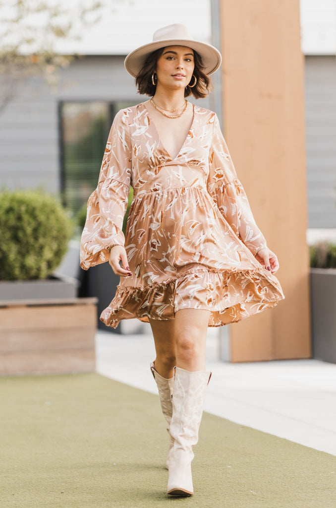 Steffi Abstract Flower Bell Sleeve Dress - BluePeppermint Boutique