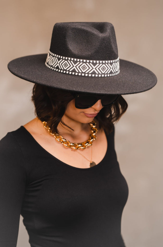 Eliza Aztec Wide Brim Hat - BluePeppermint Boutique