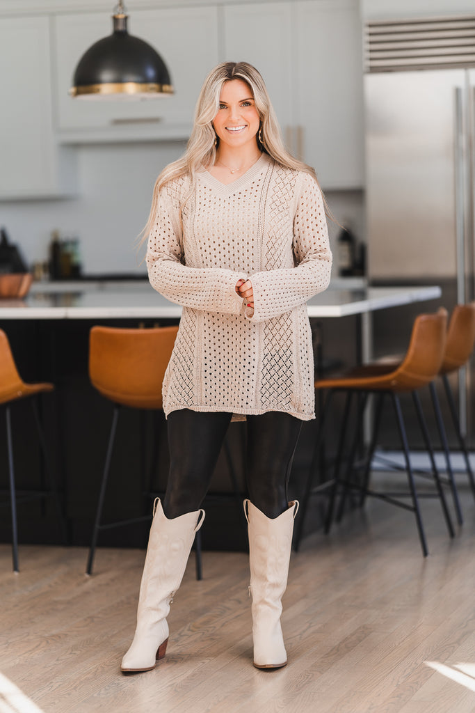 Elsie V-Neck Crochet Knit Sweater Natural - BluePeppermint Boutique