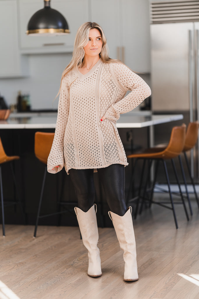 Elsie V-Neck Crochet Knit Sweater Natural - BluePeppermint Boutique