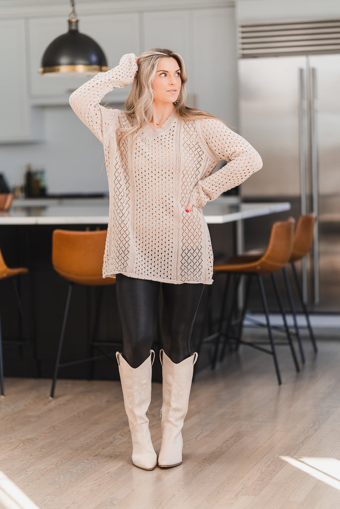 Elsie V-Neck Crochet Knit Sweater Natural - BluePeppermint Boutique