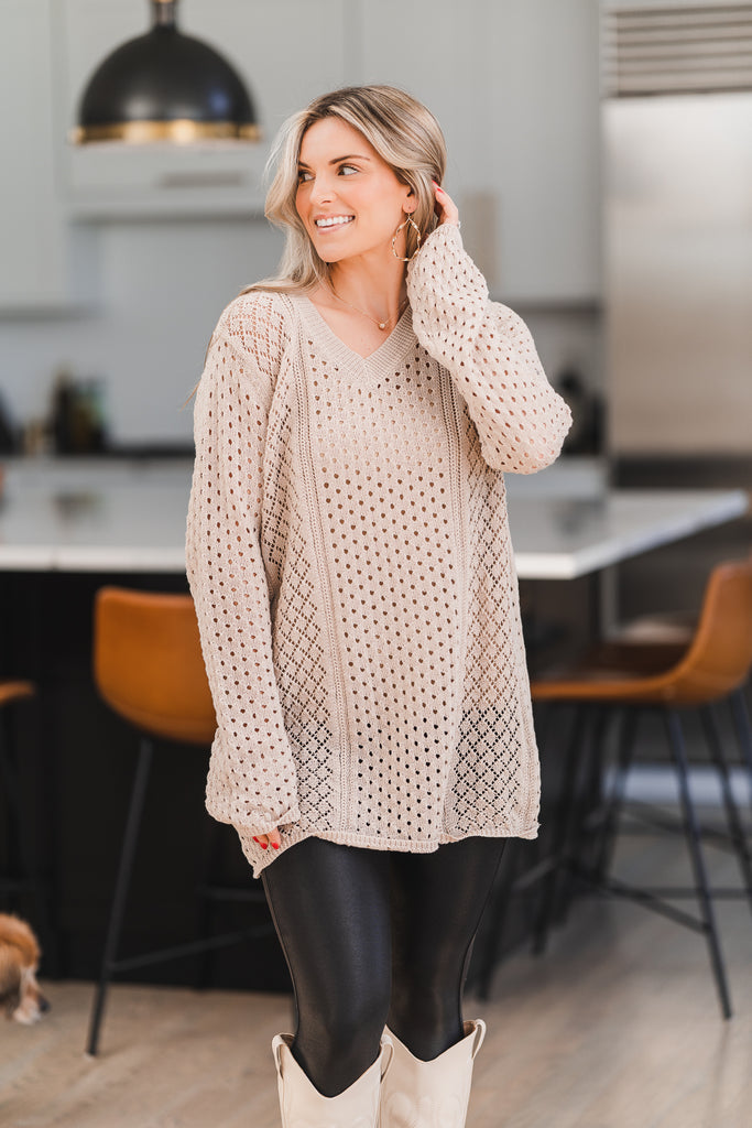 Elsie V-Neck Crochet Knit Sweater Natural - BluePeppermint Boutique