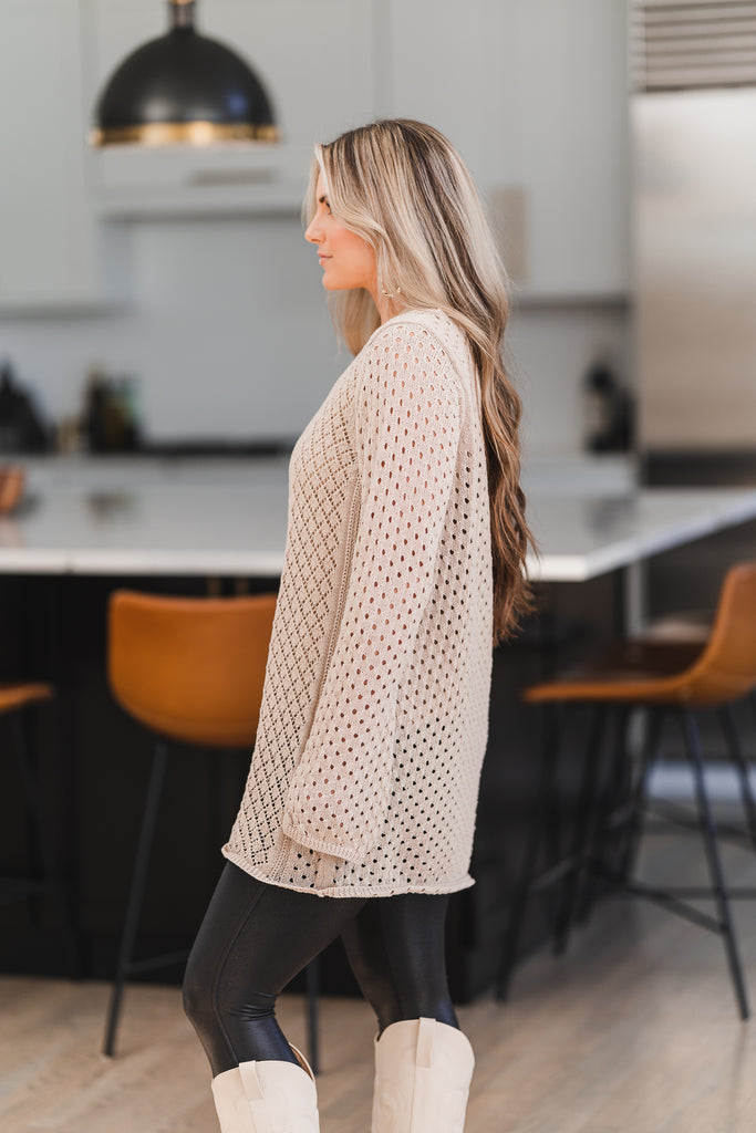 Elsie V-Neck Crochet Knit Sweater Natural - BluePeppermint Boutique