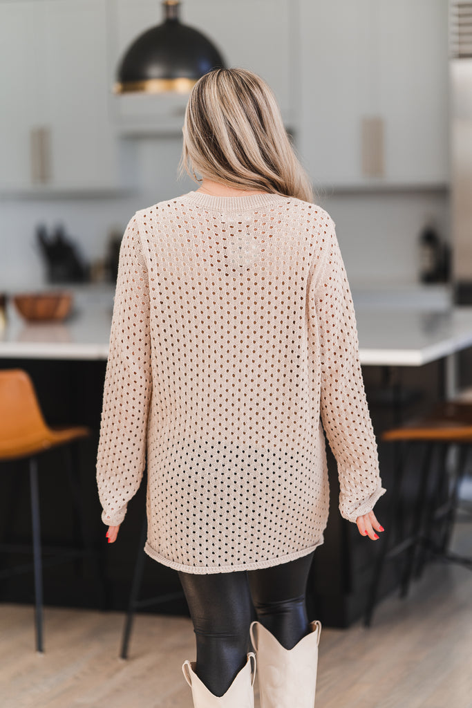 Elsie V-Neck Crochet Knit Sweater Natural - BluePeppermint Boutique