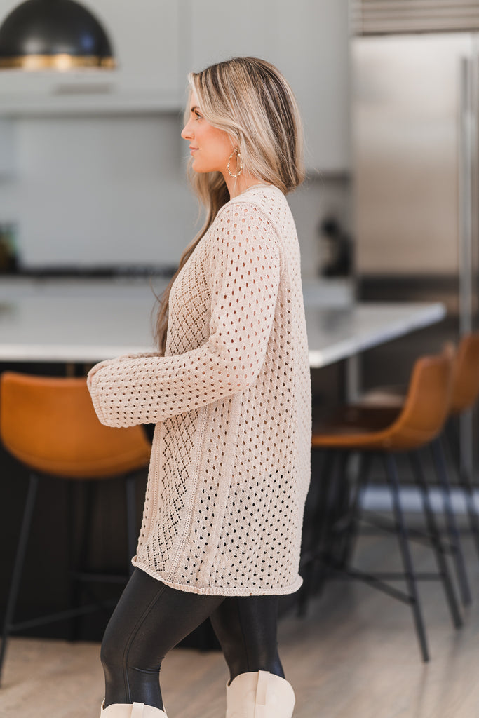 Elsie V-Neck Crochet Knit Sweater Natural - BluePeppermint Boutique