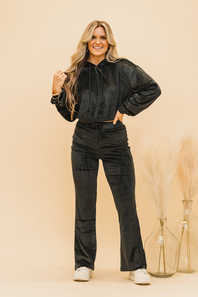 Kiara Cropped Velour Hoodie Black - BluePeppermint Boutique