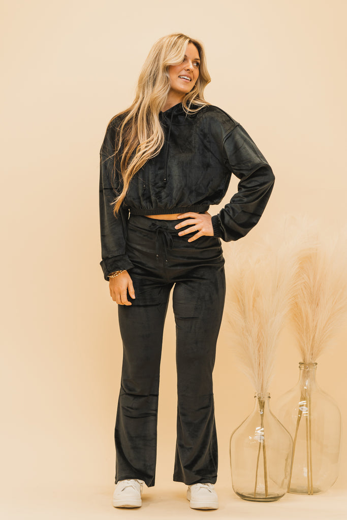 Kiara Cropped Velour Hoodie Black - BluePeppermint Boutique