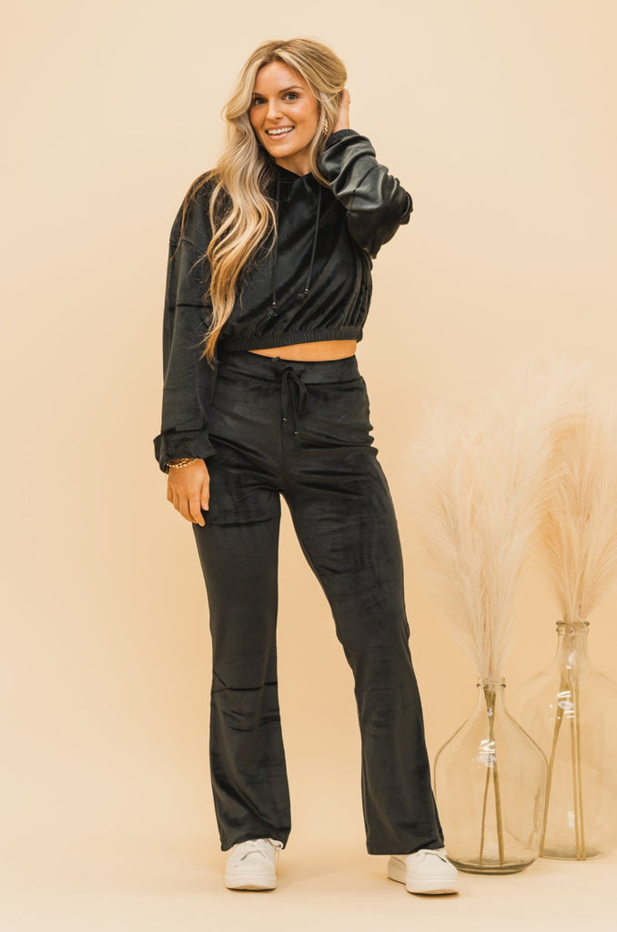 Kiara Cropped Velour Hoodie Black - BluePeppermint Boutique