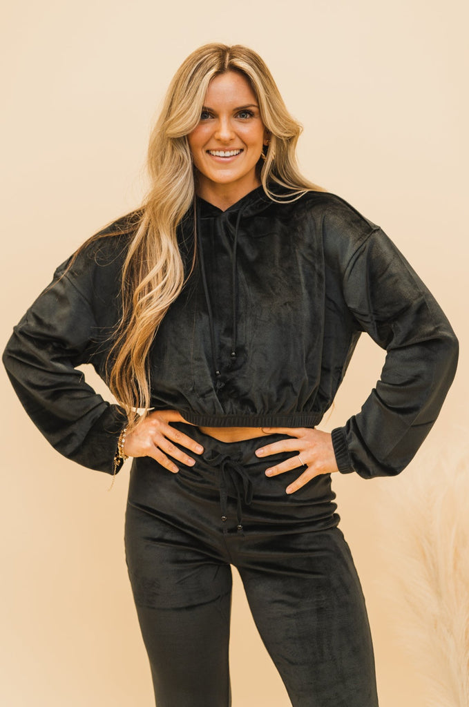 Kiara Cropped Velour Hoodie Black - BluePeppermint Boutique