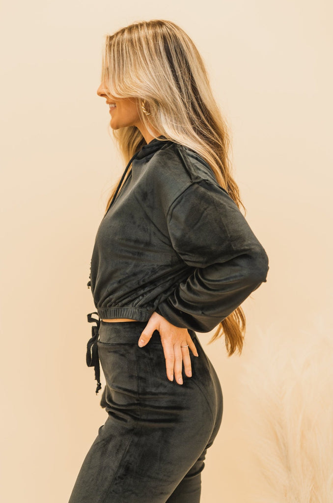 Kiara Cropped Velour Hoodie Black - BluePeppermint Boutique