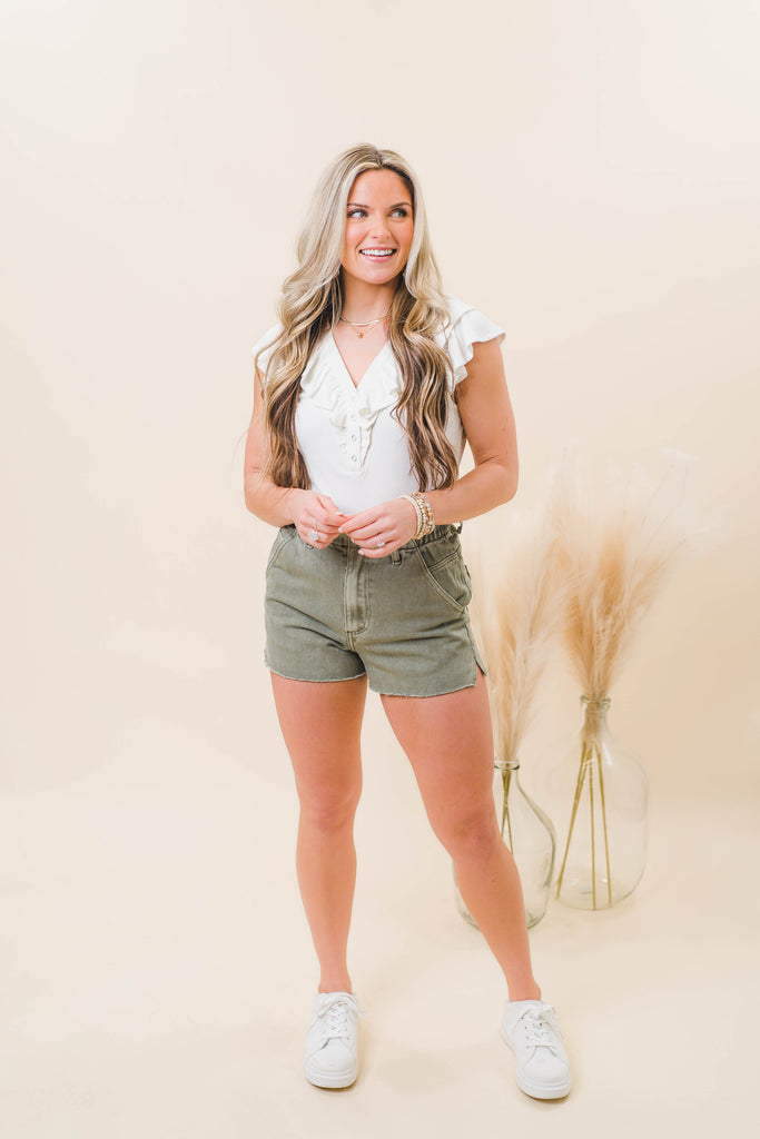 Jayda Washed Wide Band Shorts Olive - BluePeppermint Boutique