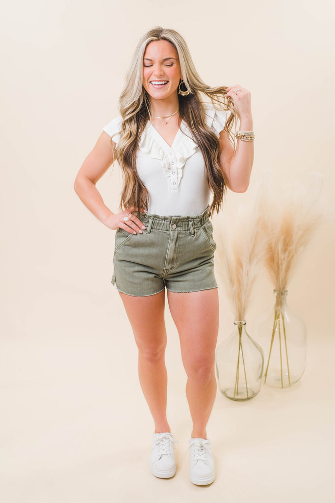 Jayda Washed Wide Band Shorts Olive - BluePeppermint Boutique