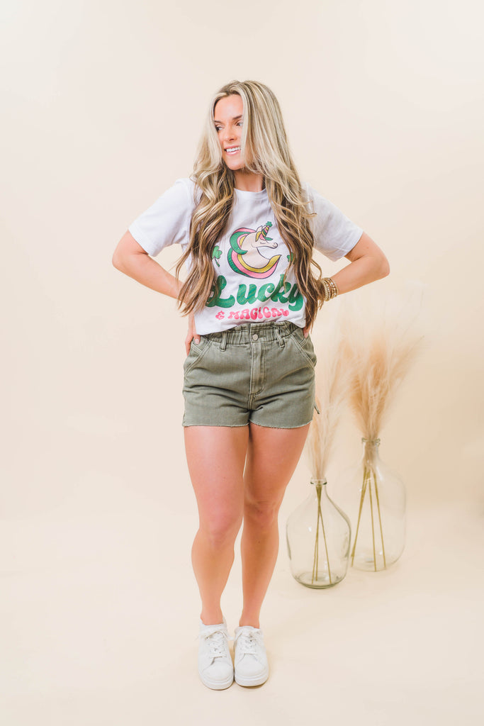 Jayda Washed Wide Band Shorts Olive - BluePeppermint Boutique