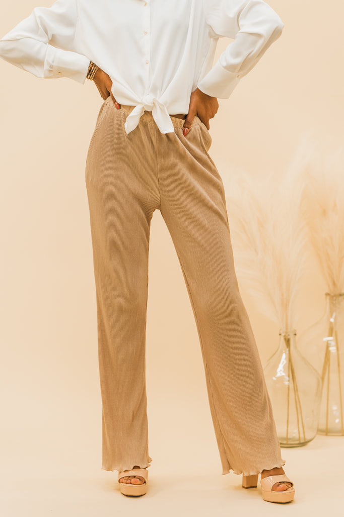 Theo Plisse Ruffle Pants Taupe - BluePeppermint Boutique