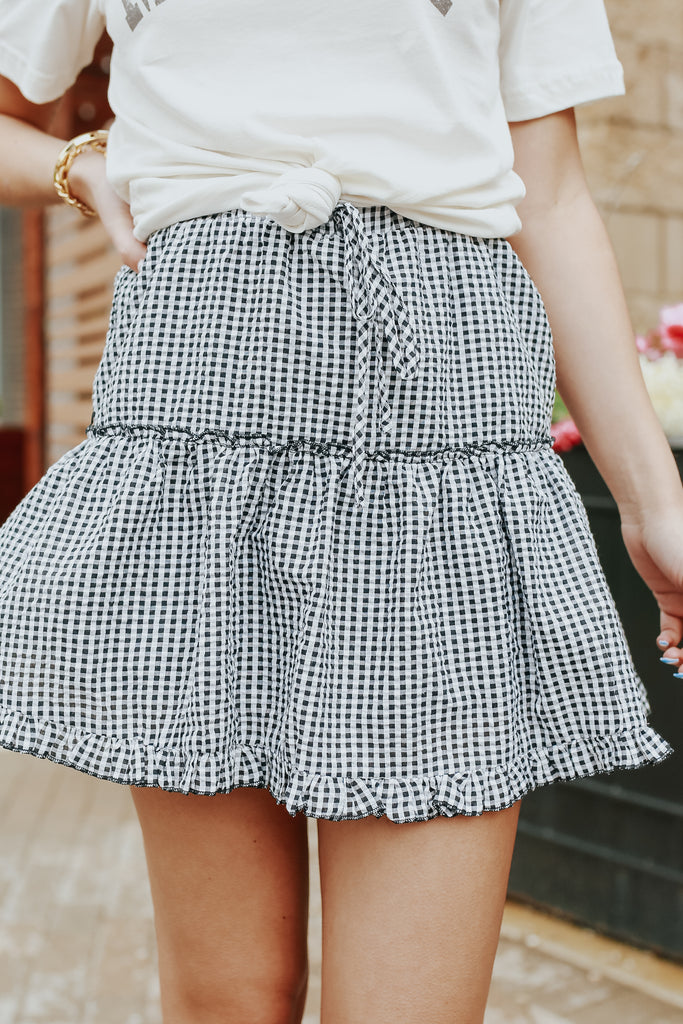 Makenzie Gingham Tiered Mini Skirt Black - BluePeppermint Boutique
