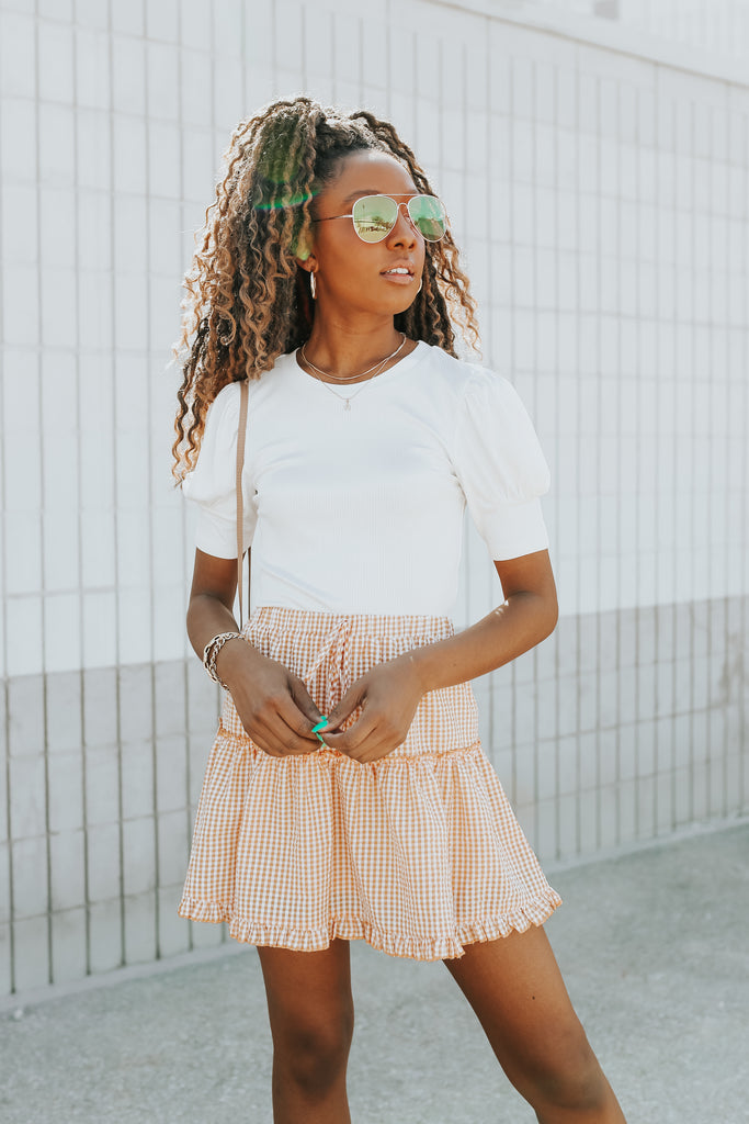 Makenzie Gingham Tiered Mini Skirt Tangerine - BluePeppermint Boutique