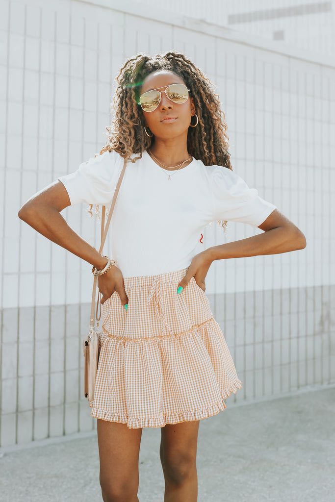 Makenzie Gingham Tiered Mini Skirt Tangerine - BluePeppermint Boutique