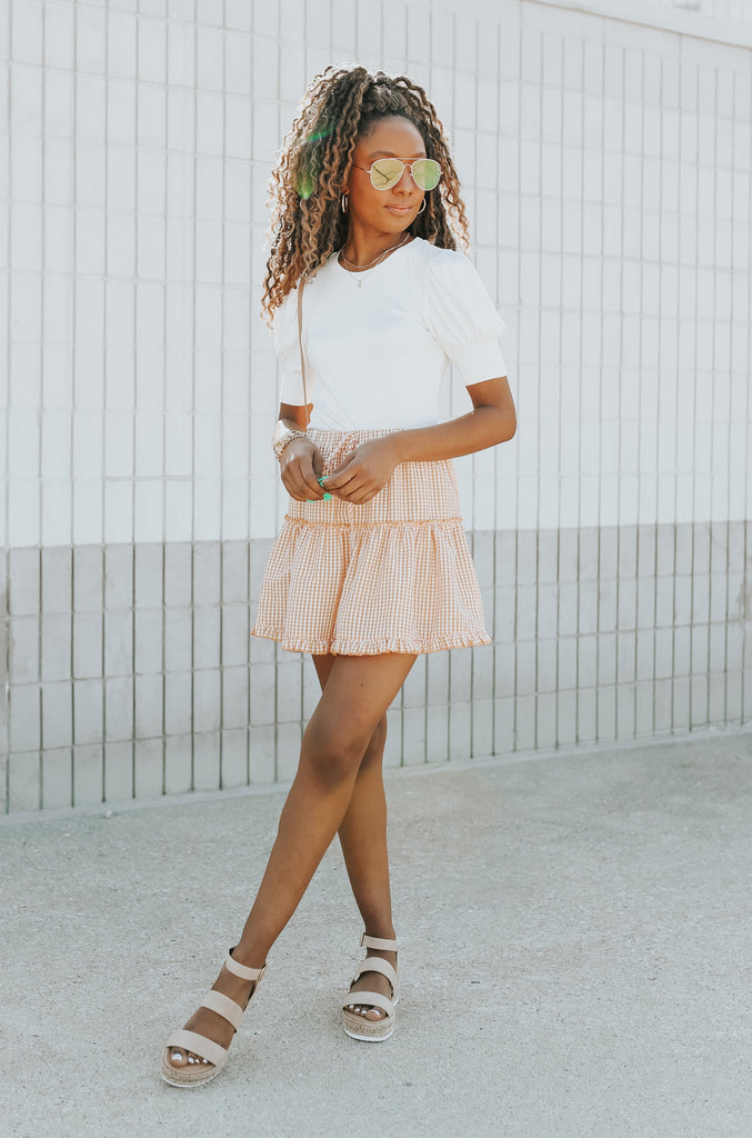 Makenzie Gingham Tiered Mini Skirt Tangerine - BluePeppermint Boutique