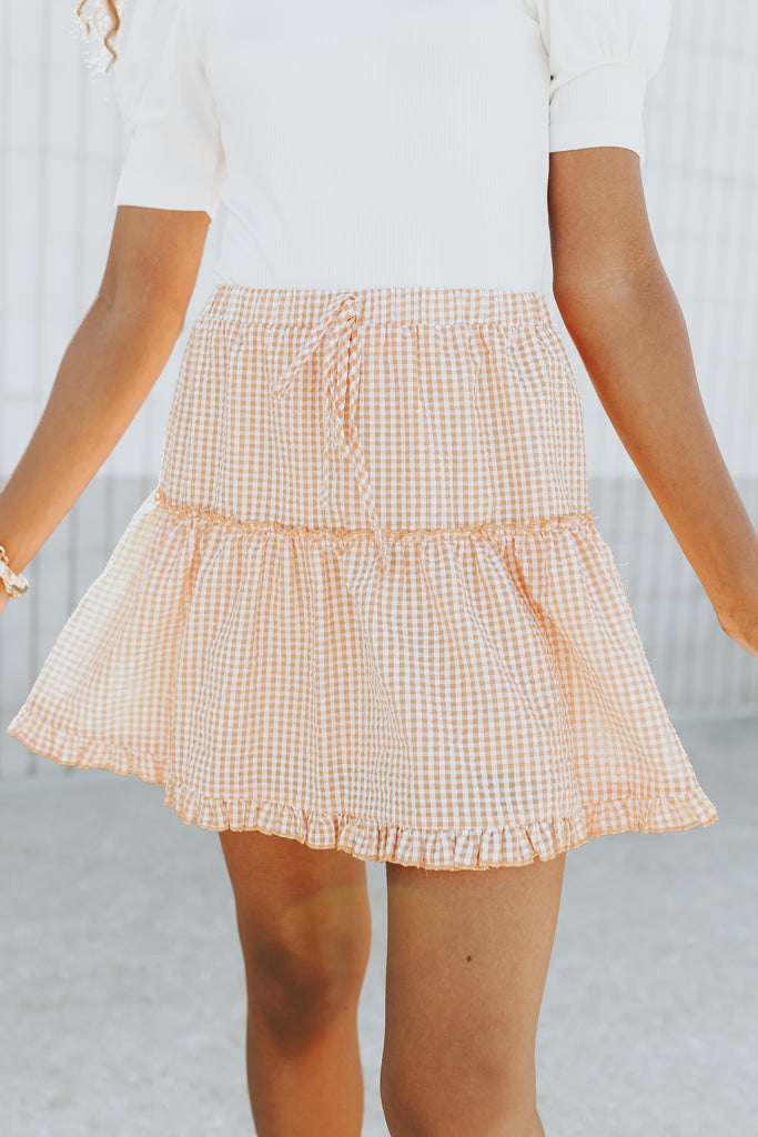 Makenzie Gingham Tiered Mini Skirt Tangerine - BluePeppermint Boutique